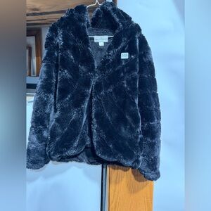 #3209-Plush Faux Fur Hooded Jacket - Black